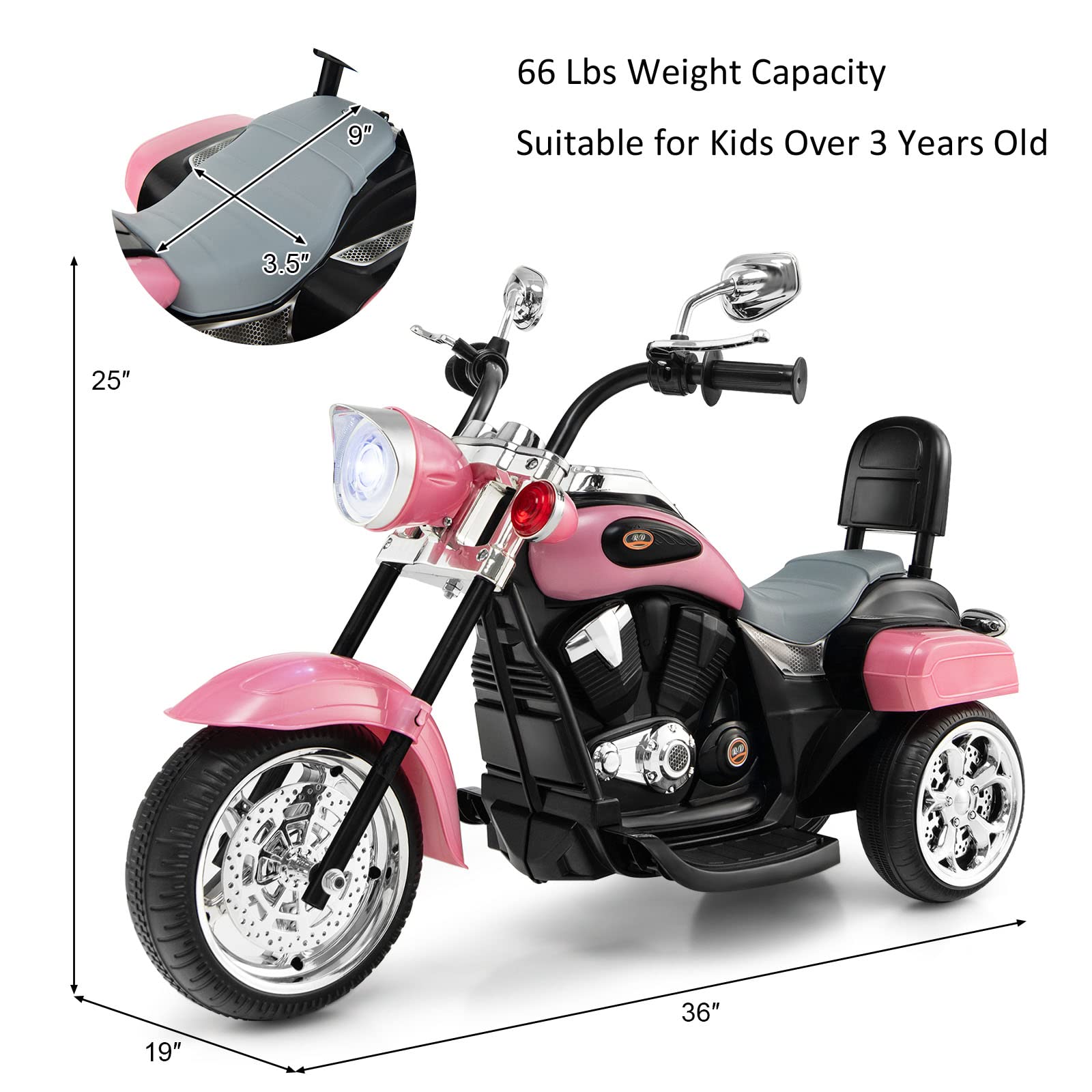 OLAKIDS Kids Electric Motorcycle, 6V Battery Powered Ride on Chopper Motorcycle with Horn, Headlights, 3 Training Wheels Electric Motorcycle for Children (Pink)