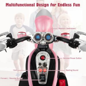 OLAKIDS Kids Electric Motorcycle, 6V Battery Powered Ride on Chopper Motorcycle with Horn, Headlights, 3 Training Wheels Electric Motorcycle for Children (Pink)