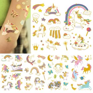 yarlilyan 60+ unicorn metallic gold colorful temp tattoos cartoon for birthday party favor gilded temporary tattoo sticker, magic fantasy stars cloud rainbow waterproof, 3 inch x 4.7 inch, 6.0 count