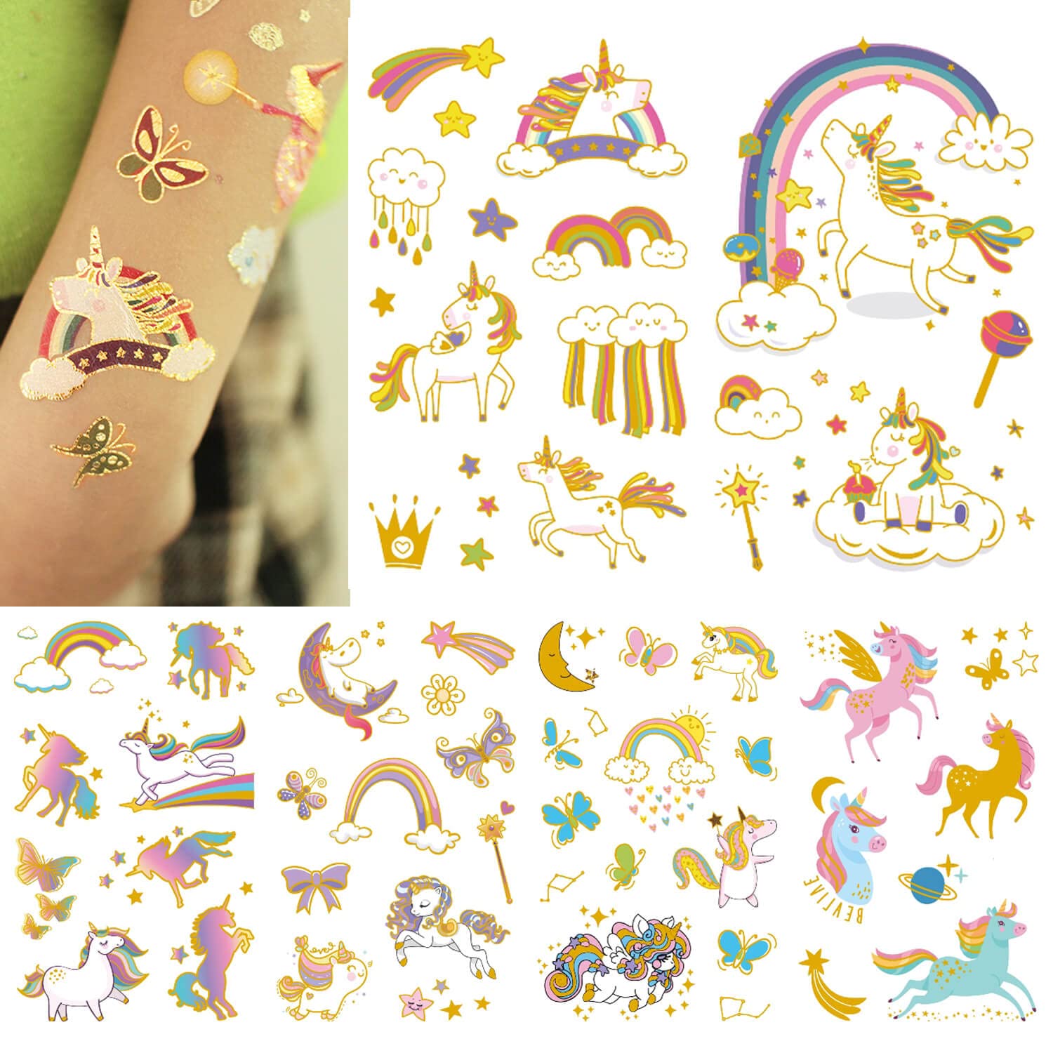 Yarlilyan 60+ Unicorn Metallic Gold Colorful Temp Tattoos Cartoon for Birthday Party Favor Gilded Temporary Tattoo Sticker, Magic Fantasy Stars Cloud Rainbow Waterproof, 3 Inch x 4.7 Inch, 6.0 Count