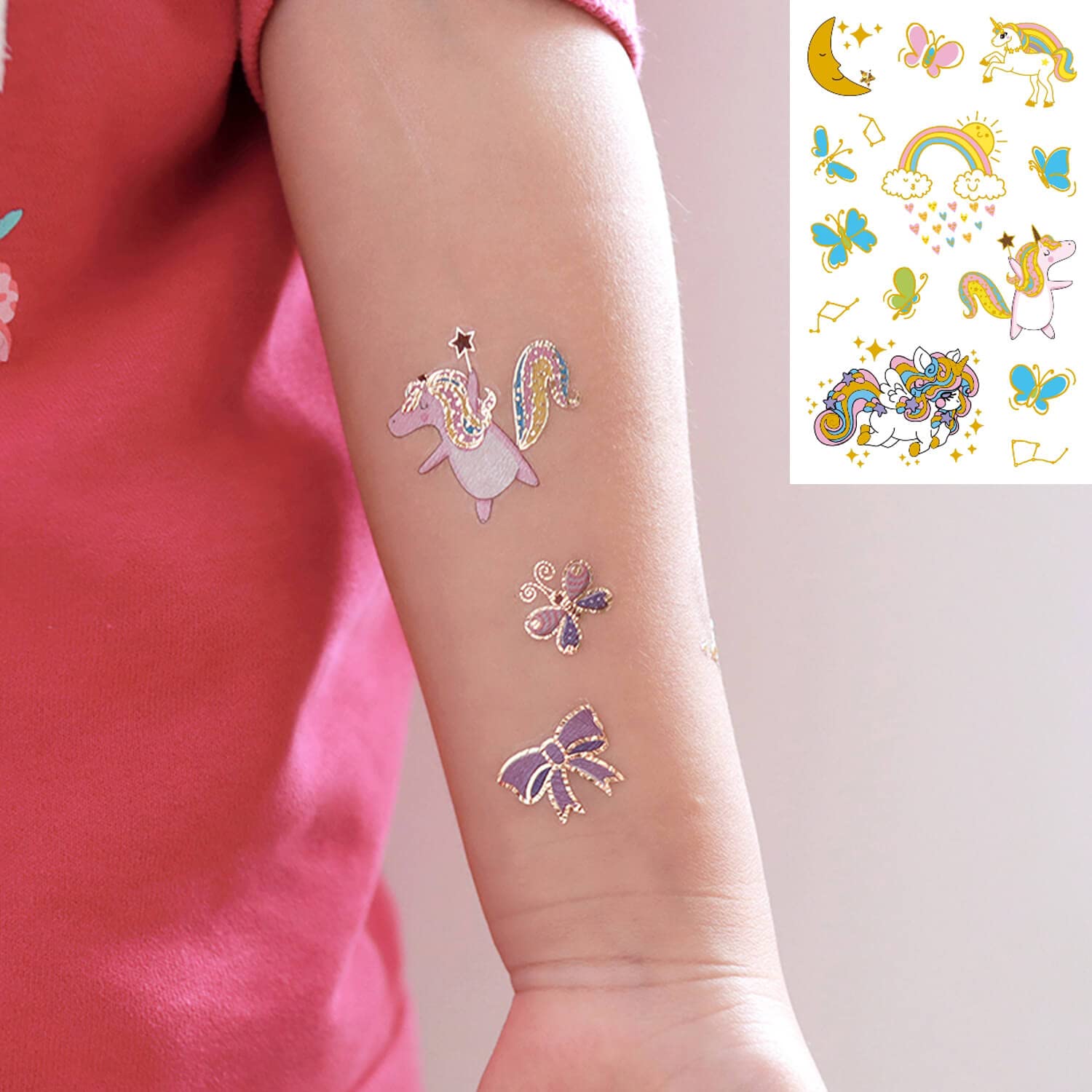 Yarlilyan 60+ Unicorn Metallic Gold Colorful Temp Tattoos Cartoon for Birthday Party Favor Gilded Temporary Tattoo Sticker, Magic Fantasy Stars Cloud Rainbow Waterproof, 3 Inch x 4.7 Inch, 6.0 Count