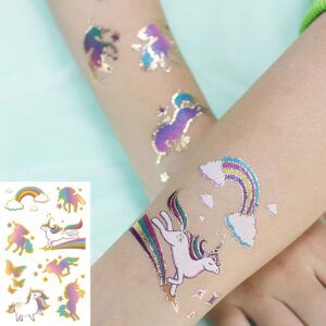 Yarlilyan 60+ Unicorn Metallic Gold Colorful Temp Tattoos Cartoon for Birthday Party Favor Gilded Temporary Tattoo Sticker, Magic Fantasy Stars Cloud Rainbow Waterproof, 3 Inch x 4.7 Inch, 6.0 Count