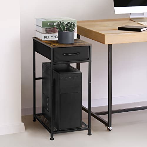 YBING Computer Tower Stand PC Tower Stand with Storage Drawer Mobile CPU Holder Stand with Caster Wheels 2 Tier Rolling Computer Tower Cart for Home Office Fax, Rustic Brown