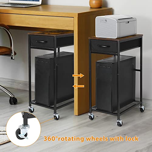 YBING Computer Tower Stand PC Tower Stand with Storage Drawer Mobile CPU Holder Stand with Caster Wheels 2 Tier Rolling Computer Tower Cart for Home Office Fax, Rustic Brown