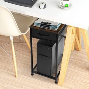 YBING Computer Tower Stand PC Tower Stand with Storage Drawer Mobile CPU Holder Stand with Caster Wheels 2 Tier Rolling Computer Tower Cart for Home Office Fax, Rustic Brown