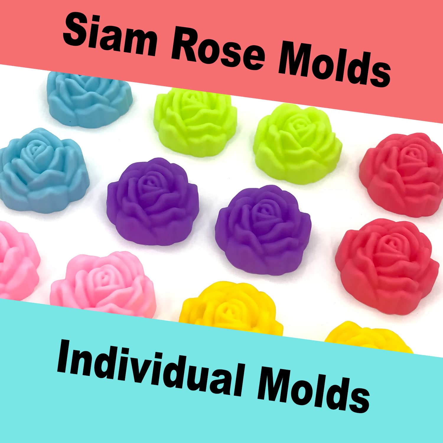 12PC Pack Siam Rose Shape Molds | Assorted Colors Flower Mixed Design Mold for Chocolate Molds Candy Molds Mini Soap Molds Silicone Ice Cube Jelly | Separated Individual Mold