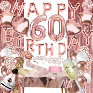 60th birthday decorations women - rose gold 60 birthday decor for her, happy birthday banner, table cloth, cake topper, bday sash, crown, balloons set for sixty years old party supplies