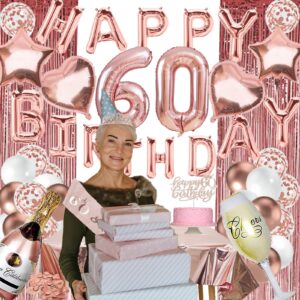 60th Birthday Decorations Women - Rose Gold 60 Birthday Decor for Her, Happy Birthday Banner, Table Cloth, Cake Topper, Bday Sash, Crown, Balloons Set for Sixty Years Old Party Supplies