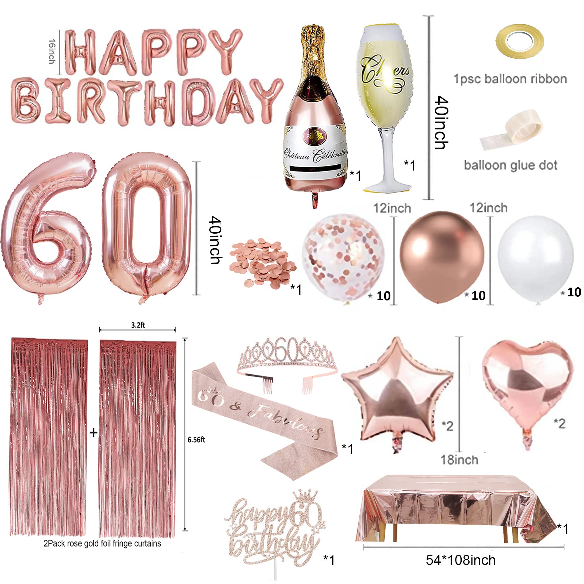 60th Birthday Decorations Women - Rose Gold 60 Birthday Decor for Her, Happy Birthday Banner, Table Cloth, Cake Topper, Bday Sash, Crown, Balloons Set for Sixty Years Old Party Supplies