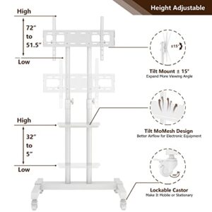 Mobile TV Stand Rolling TV Cart Floor Stand with Mount on Lockable Wheels Height Adjustable Shelf for 32-80 Inch TV Stand Flat Screen or Curved TVs Monitors Display Trolley Loading 110 lbs, White