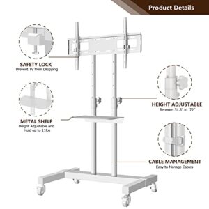 Mobile TV Stand Rolling TV Cart Floor Stand with Mount on Lockable Wheels Height Adjustable Shelf for 32-80 Inch TV Stand Flat Screen or Curved TVs Monitors Display Trolley Loading 110 lbs, White