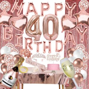 40th Birthday Decorations Women - Rose Gold 40 Birthday Decor for Her, Happy Birthday Banner, Table Cloth, Cake Topper, Bday Sash and Crown, Balloons Set for Forty Years Old Party Supplies