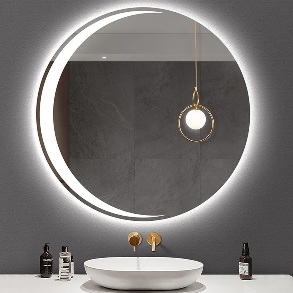 LKP Round Mirror with LED Lights, Circle Wall Mounted Bathroom Mirror LED Illuminated Vanity Mirror White Ligh/Warm Light Round 19inch 23inch 27inch 31inch