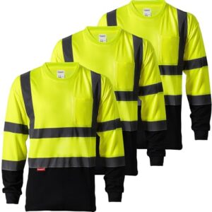 protectx 3-pack men's high visibility heavy duty breathable long sleeve reflective safety t-shirts for work warehouse construction, class 2 type r, green - large