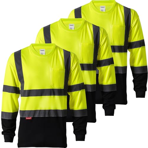 ProtectX 3-Pack Men's High Visibility Heavy Duty Breathable Long Sleeve Reflective Safety T-Shirts for Work Warehouse Construction, Class 2 Type R, Green - Large