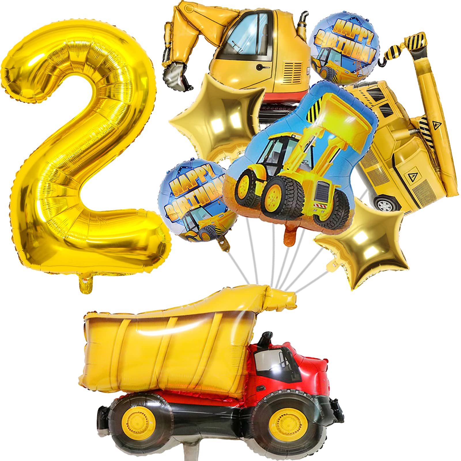 Construction Birthday Party Supplies 2 year Old, 9Pcs Construction Balloons Set with Gold Number 2 Balloons, Large Construction Truck Mylar Foil Balloons Set for Boys 2nd Birthday Party Supplies Decor