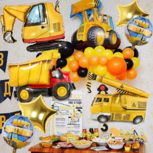 Construction Birthday Party Supplies 2 year Old, 9Pcs Construction Balloons Set with Gold Number 2 Balloons, Large Construction Truck Mylar Foil Balloons Set for Boys 2nd Birthday Party Supplies Decor