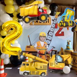 Construction Birthday Party Supplies 2 year Old, 9Pcs Construction Balloons Set with Gold Number 2 Balloons, Large Construction Truck Mylar Foil Balloons Set for Boys 2nd Birthday Party Supplies Decor