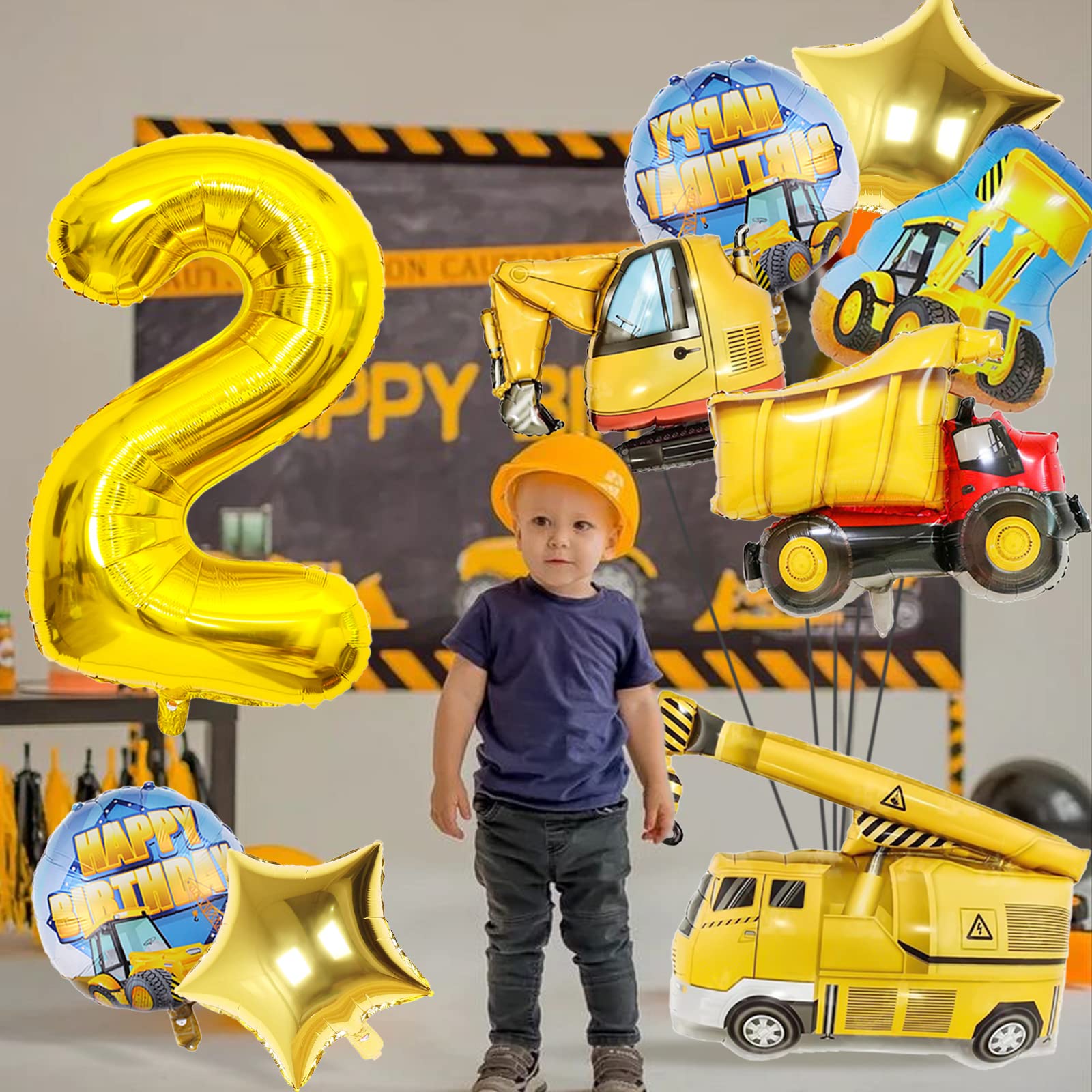 Construction Birthday Party Supplies 2 year Old, 9Pcs Construction Balloons Set with Gold Number 2 Balloons, Large Construction Truck Mylar Foil Balloons Set for Boys 2nd Birthday Party Supplies Decor