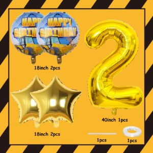 Construction Birthday Party Supplies 2 year Old, 9Pcs Construction Balloons Set with Gold Number 2 Balloons, Large Construction Truck Mylar Foil Balloons Set for Boys 2nd Birthday Party Supplies Decor