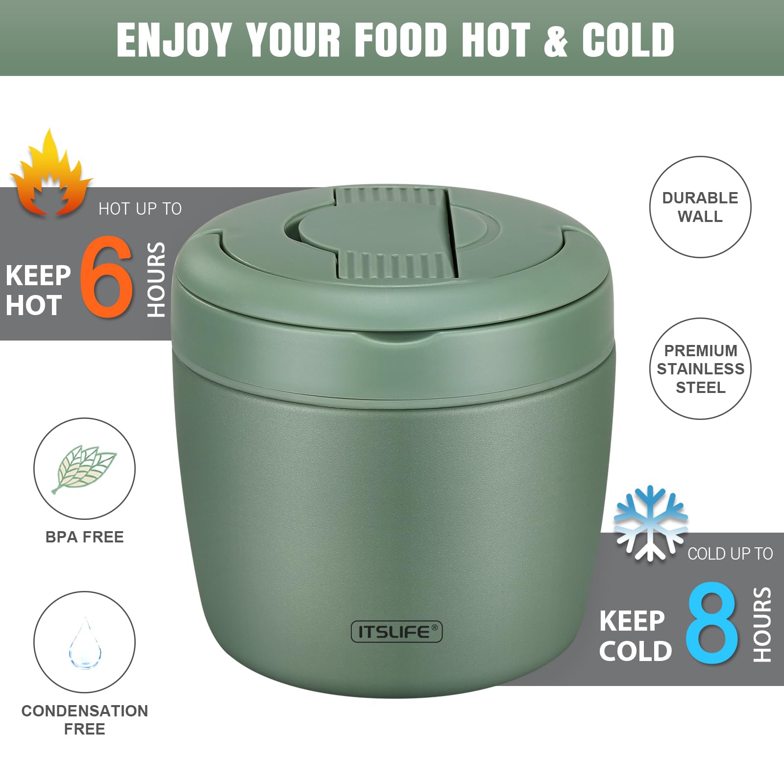 Soup Thermo for Hot Food Adults 32OZ Lunch Containers Wide Mouth Hot Food Jar Vacuum Insulated Stainless Steel Bento Box Leakproof with Spoon (Green)