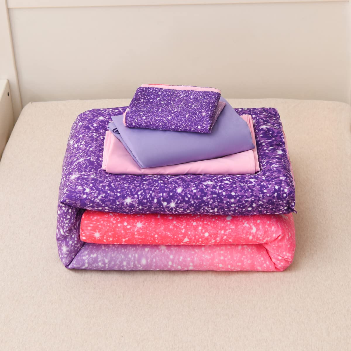 NTBED 4 Pieces Toddler Bedding Set for Baby Girls, Pink Purple Glitter Printed, Includes Comforter, Flat Sheet, Fitted Sheet and Pillowcase