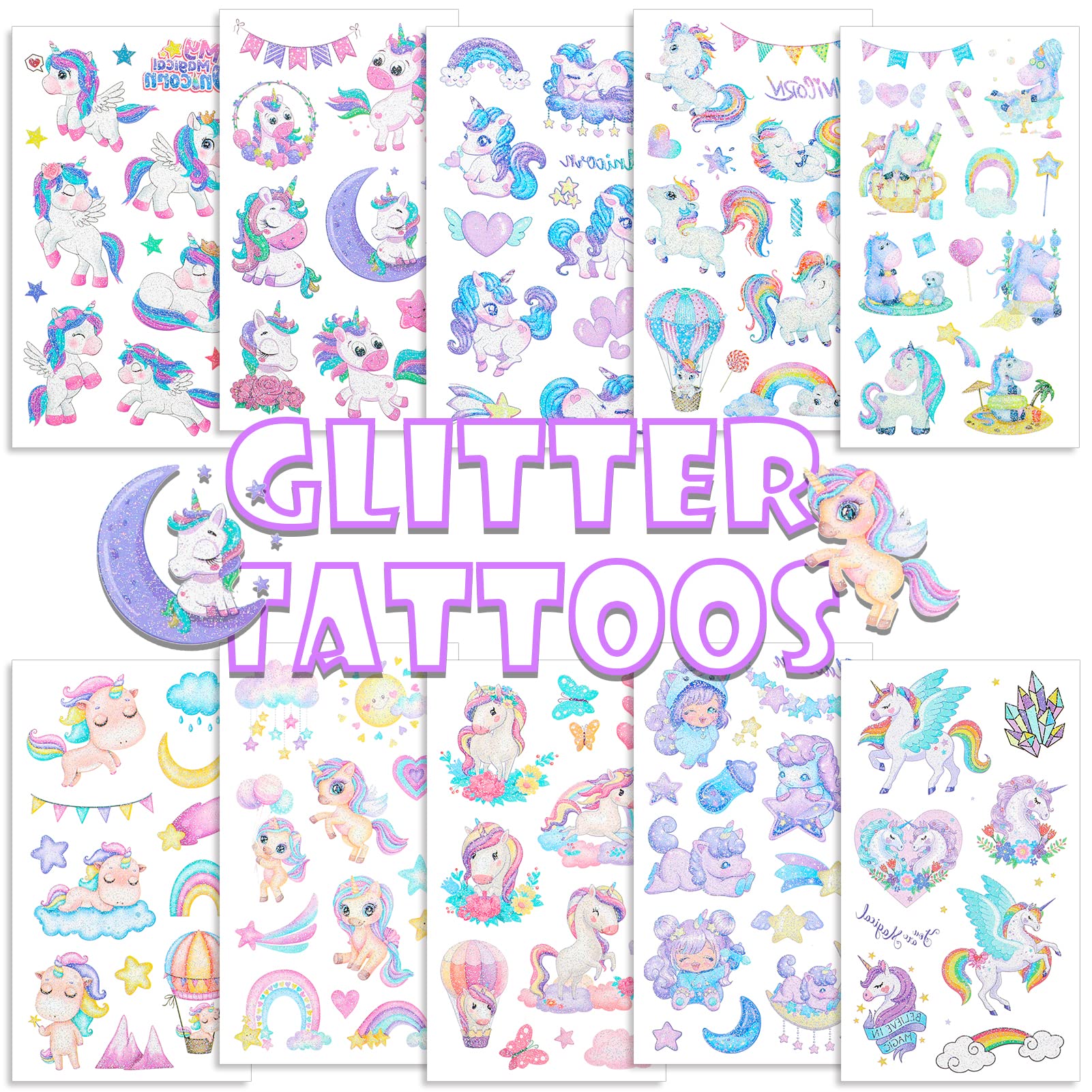 Glitter Temporary Tattoos for Kids, Konsait Waterproof Glitter Tattoo Stickers Kit Rainbow Princess Theme Party Birthday Party Supplies 10 sheets