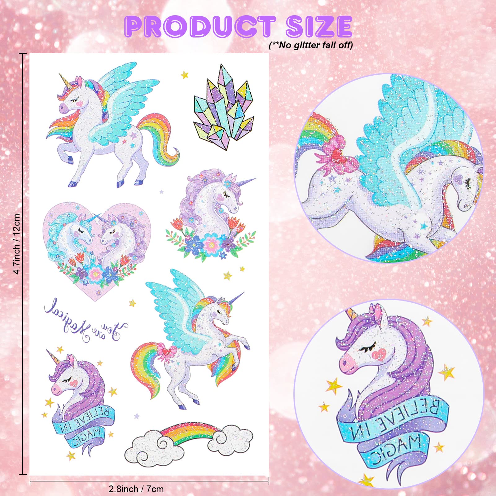 Glitter Temporary Tattoos for Kids, Konsait Waterproof Glitter Tattoo Stickers Kit Rainbow Princess Theme Party Birthday Party Supplies 10 sheets