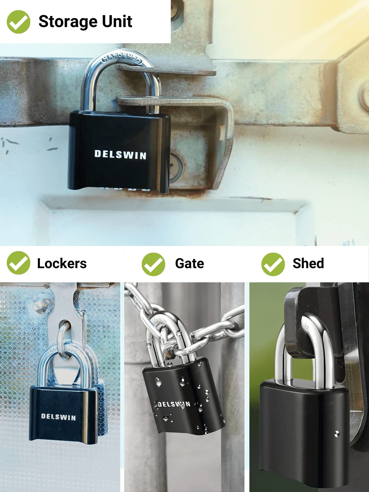 DELSWIN 4-Digit Combination Lock Outdoor Padlock - Heavy Duty Locker Lock with Hardened Steel Shackle, Waterproof Combo Lock for Gym Locker, Hasp Storage, Shed, Fence, Gate (Black,1Pcs)