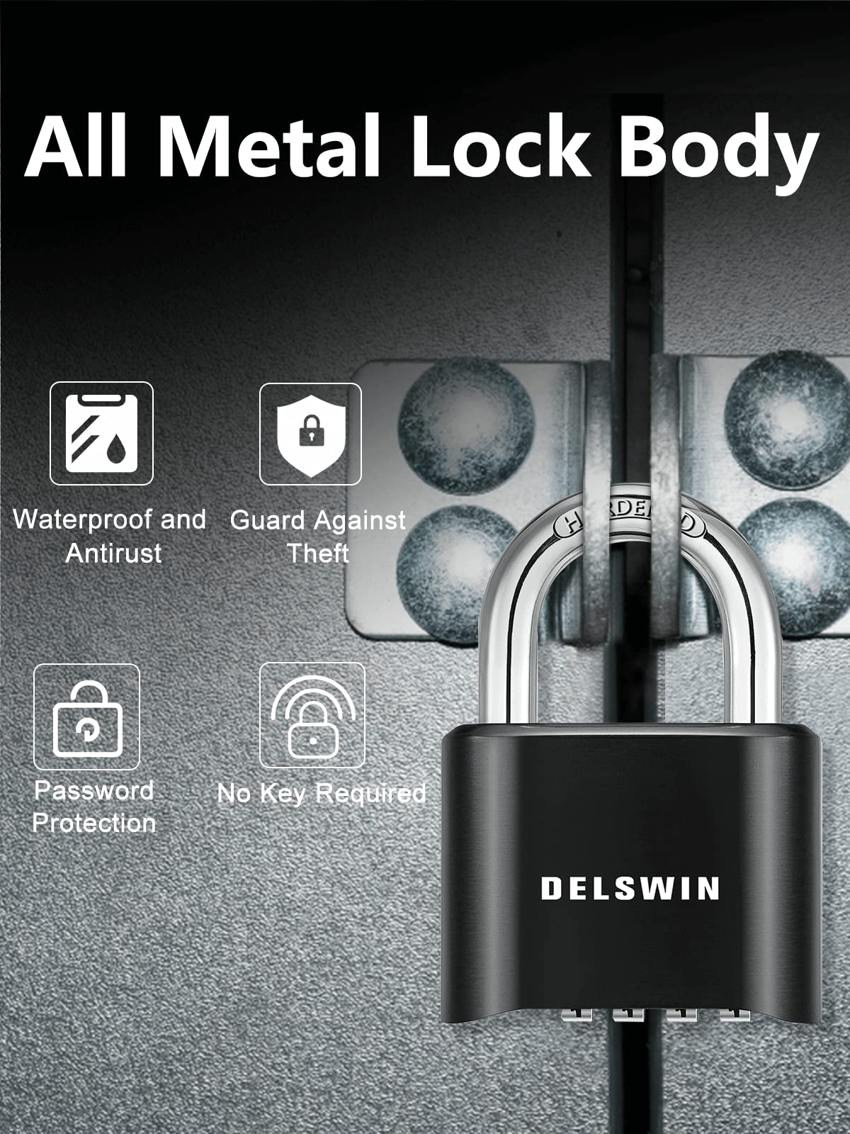 DELSWIN 4-Digit Combination Lock Outdoor Padlock - Heavy Duty Locker Lock with Hardened Steel Shackle, Waterproof Combo Lock for Gym Locker, Hasp Storage, Shed, Fence, Gate (Black,1Pcs)