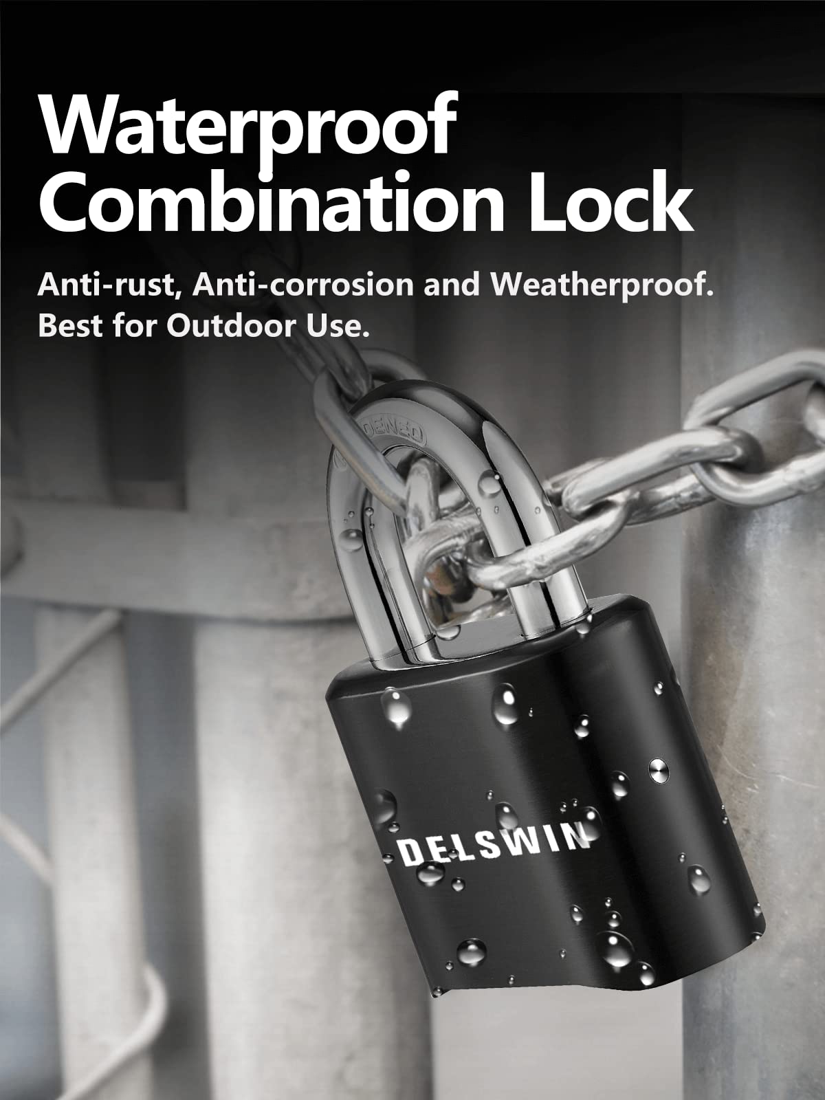 DELSWIN 4-Digit Combination Lock Outdoor Padlock - Heavy Duty Locker Lock with Hardened Steel Shackle, Waterproof Combo Lock for Gym Locker, Hasp Storage, Shed, Fence, Gate (Black,1Pcs)