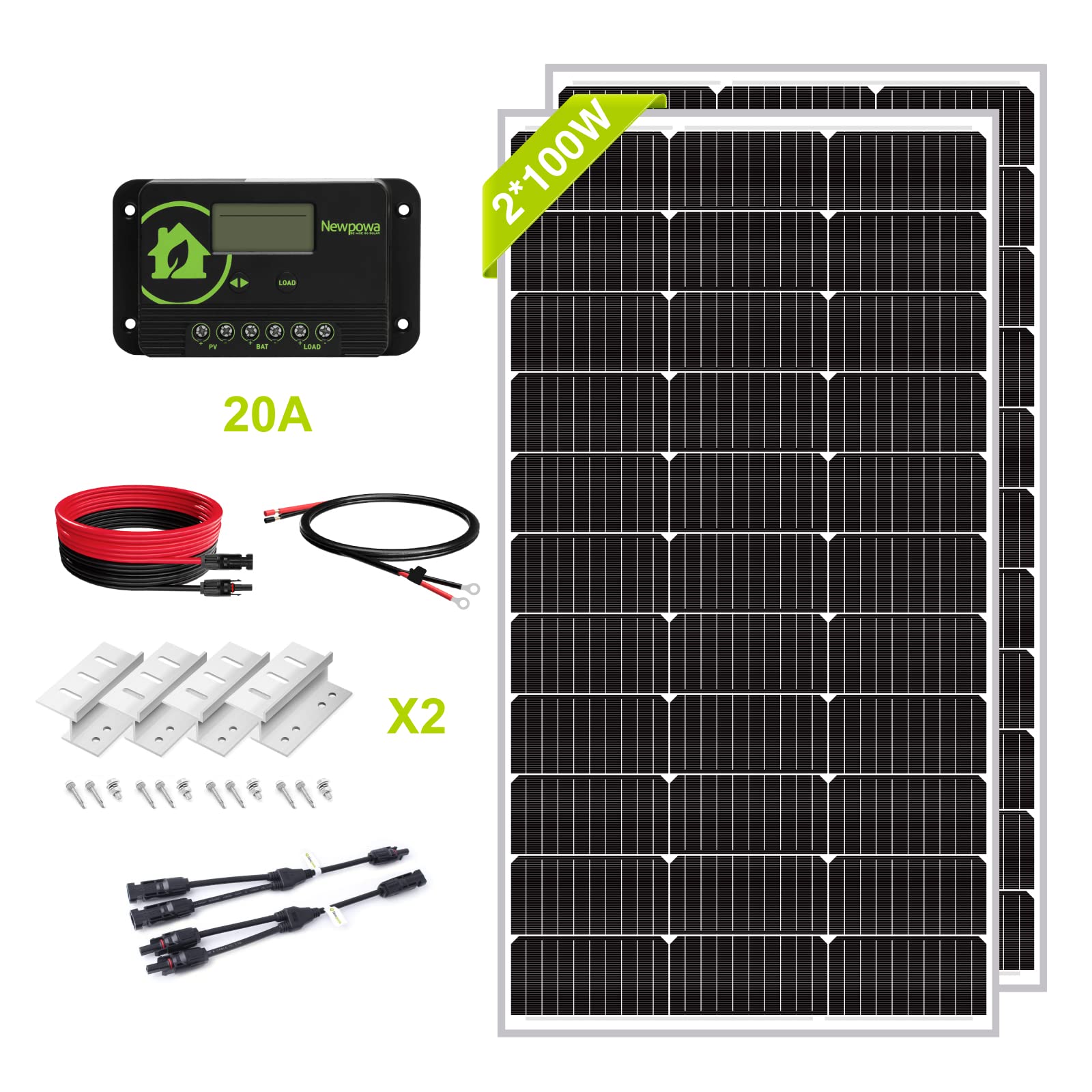 Newpowa 9BB Cell 200 Watt 12V Monocrystalline Solar Panel Kit, 2PCS 100W Solar Charger Kit+12V 100AH LiFePO4 Battery+20A Charge Controller+Mounting Z Brackets+Cable, Solar Power for Off Grid System