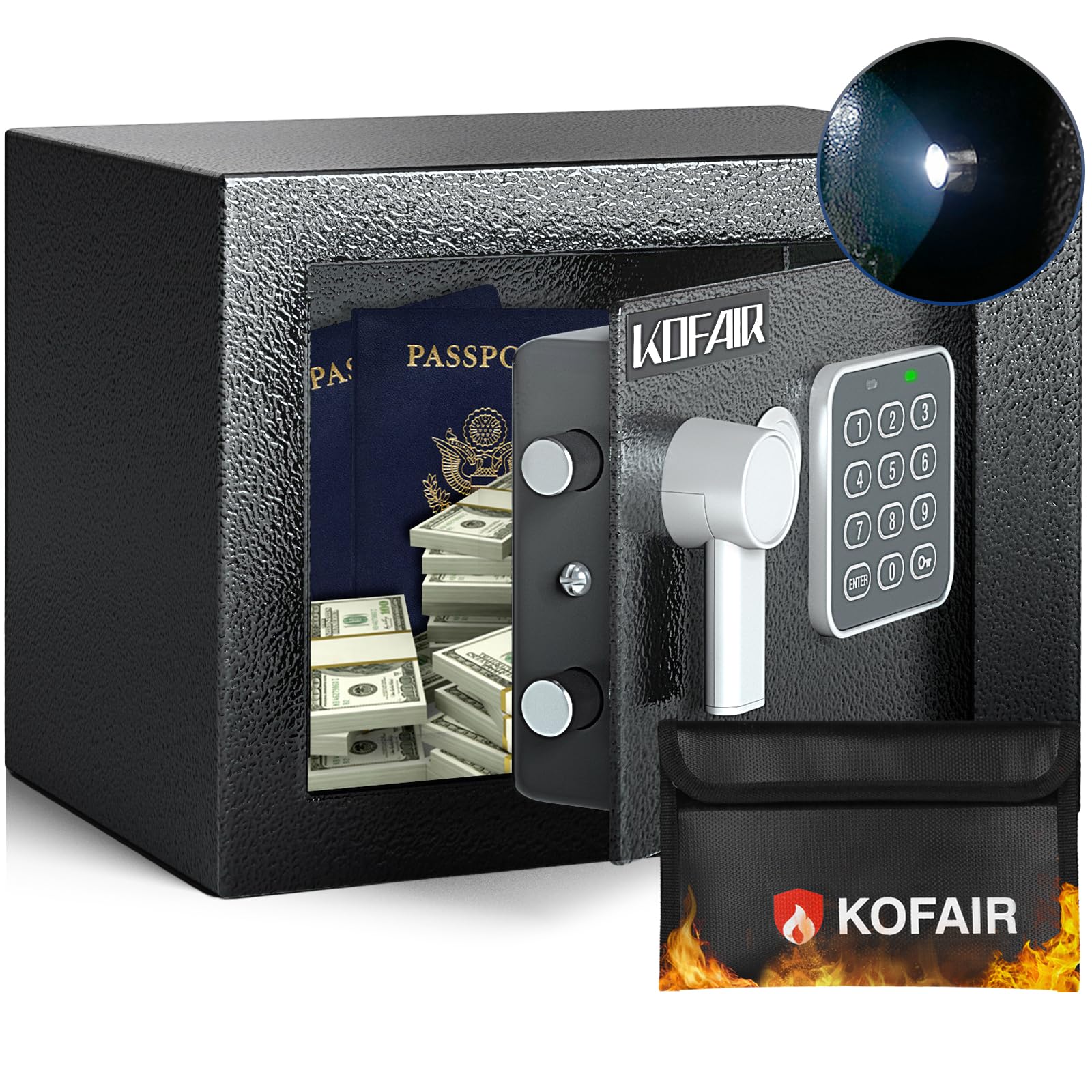 KOFAIR Safe Box for Home Safe (0.23 Cubic Feet) with Fireproof Bag, Personal Safe Box for Money Safe for Cash Saving, Mini Safe Box with Key, Digital Safety Box with Light, Money Lock Box