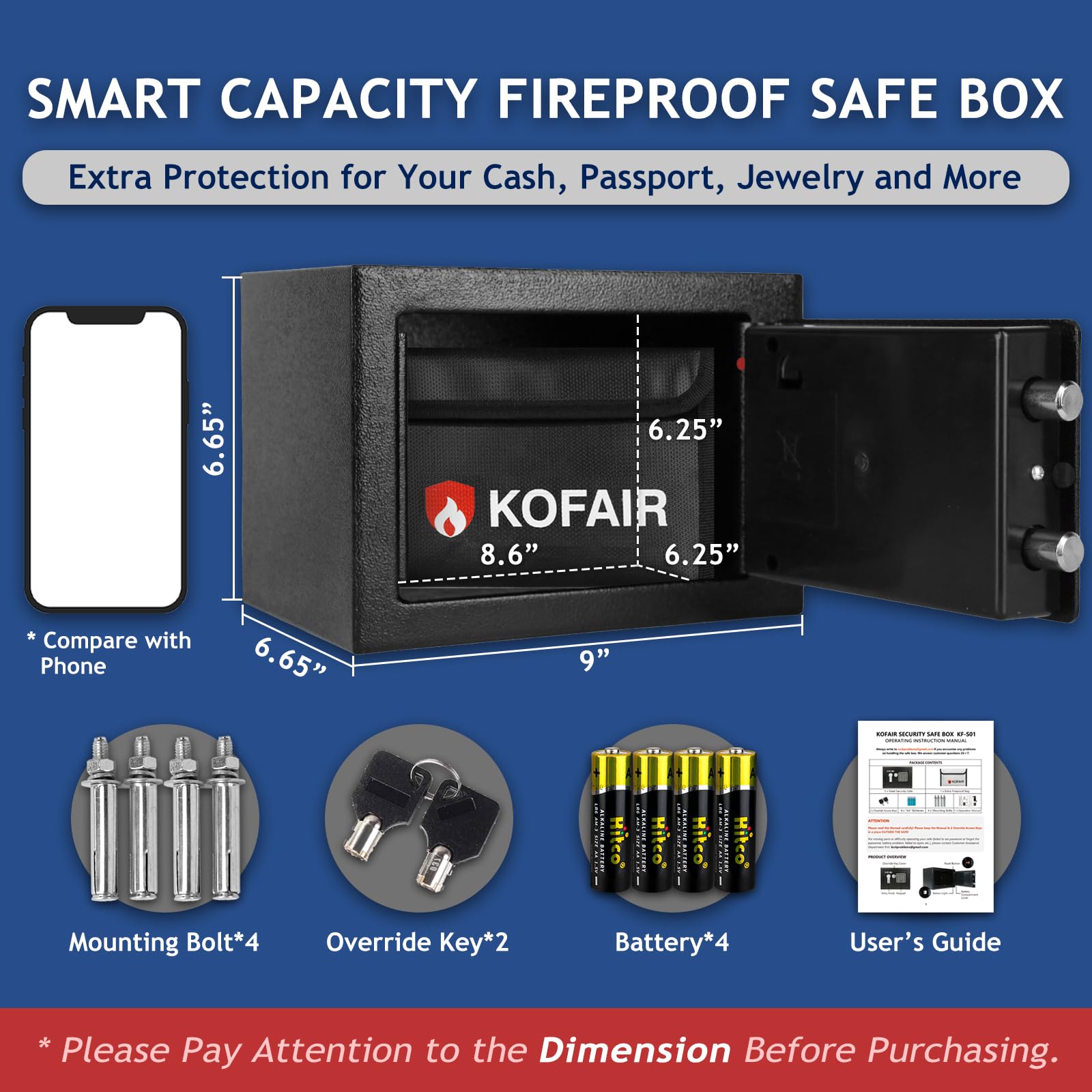 KOFAIR Safe Box for Home Safe (0.23 Cubic Feet) with Fireproof Bag, Personal Safe Box for Money Safe for Cash Saving, Mini Safe Box with Key, Digital Safety Box with Light, Money Lock Box