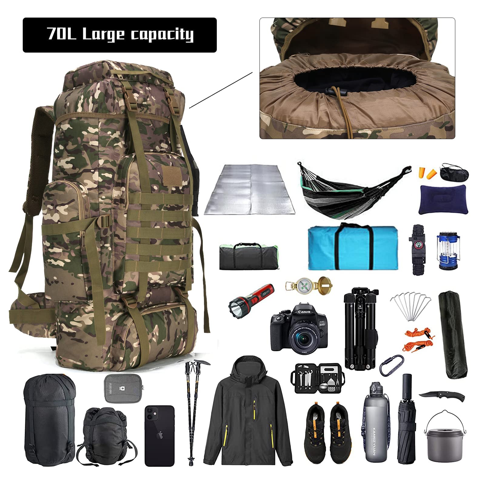 W WINTMING Hiking Backpack for Men 70L/100L Camping Backpack Military Rucksack Molle 3 Days Assault Pack for Climbing