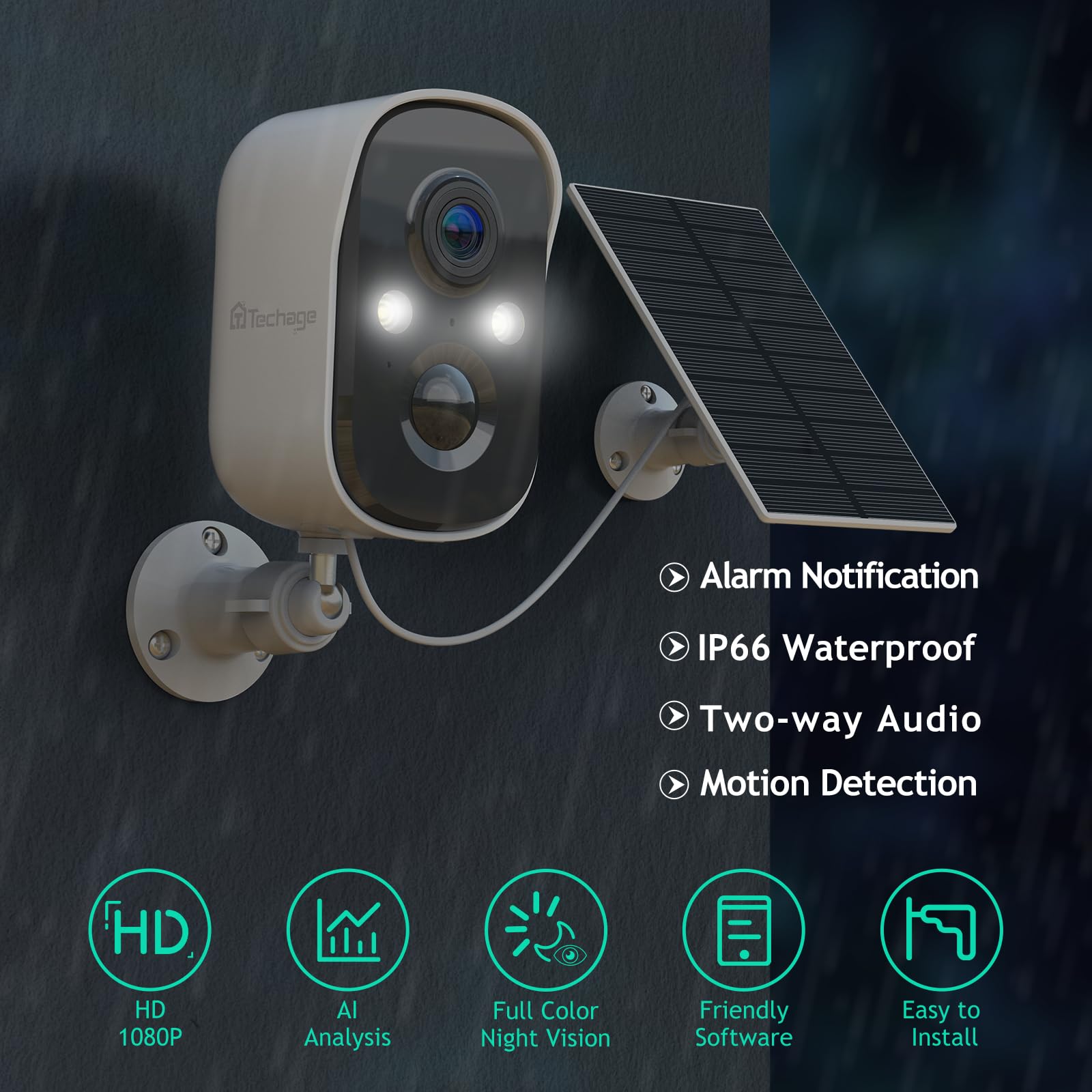 Techage Security Cameras Wireless Outdoor, Solar Cameras for Home Security Outside with AI Motion Detection, 1080P Color Night Vision, IP66 Weatherproof, 2-Way Talk, 2.4Ghz WiFi, Cloud/SD Storage