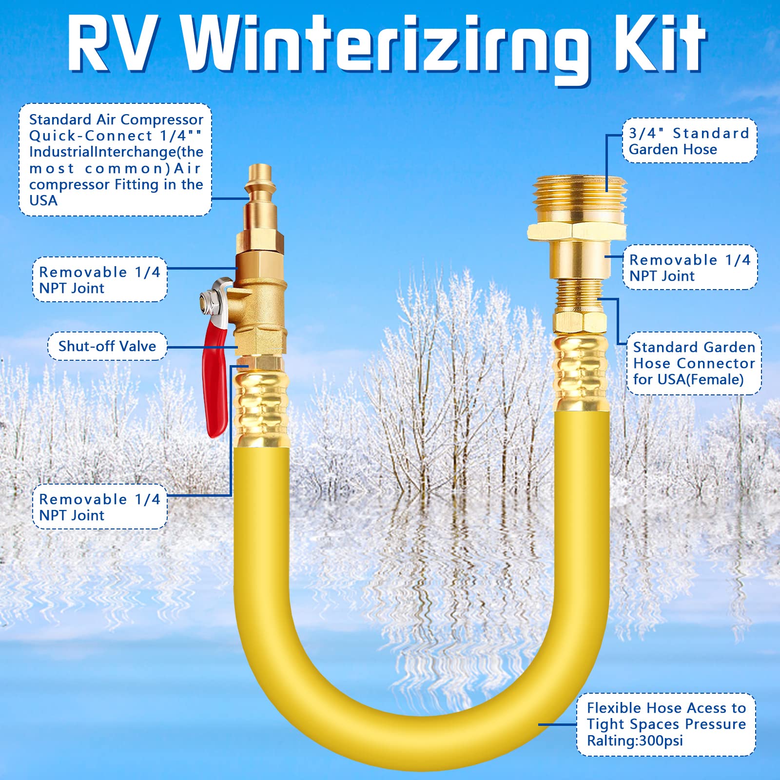 RV Winterizing Kit, 12" RV Winterize Blowout Adapter with Shut Off Valve, Air Compressor Quick Connect Blow Out Fitting Plug, 3/4" Garden Hose Thread for Faucet Boat Camper Travel Trailer, Motorhome