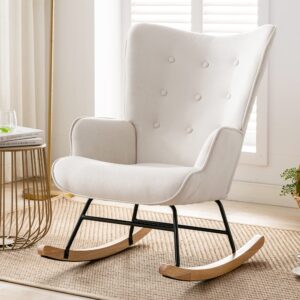 accent rocking chair with ottoman, modern tufted button wingback glider rocker armchair with solid wood legs, beige