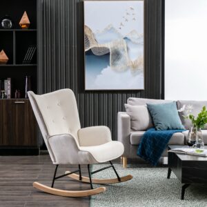 Accent Rocking Chair with Ottoman, Modern Tufted Button Wingback Glider Rocker Armchair with Solid Wood Legs, Beige