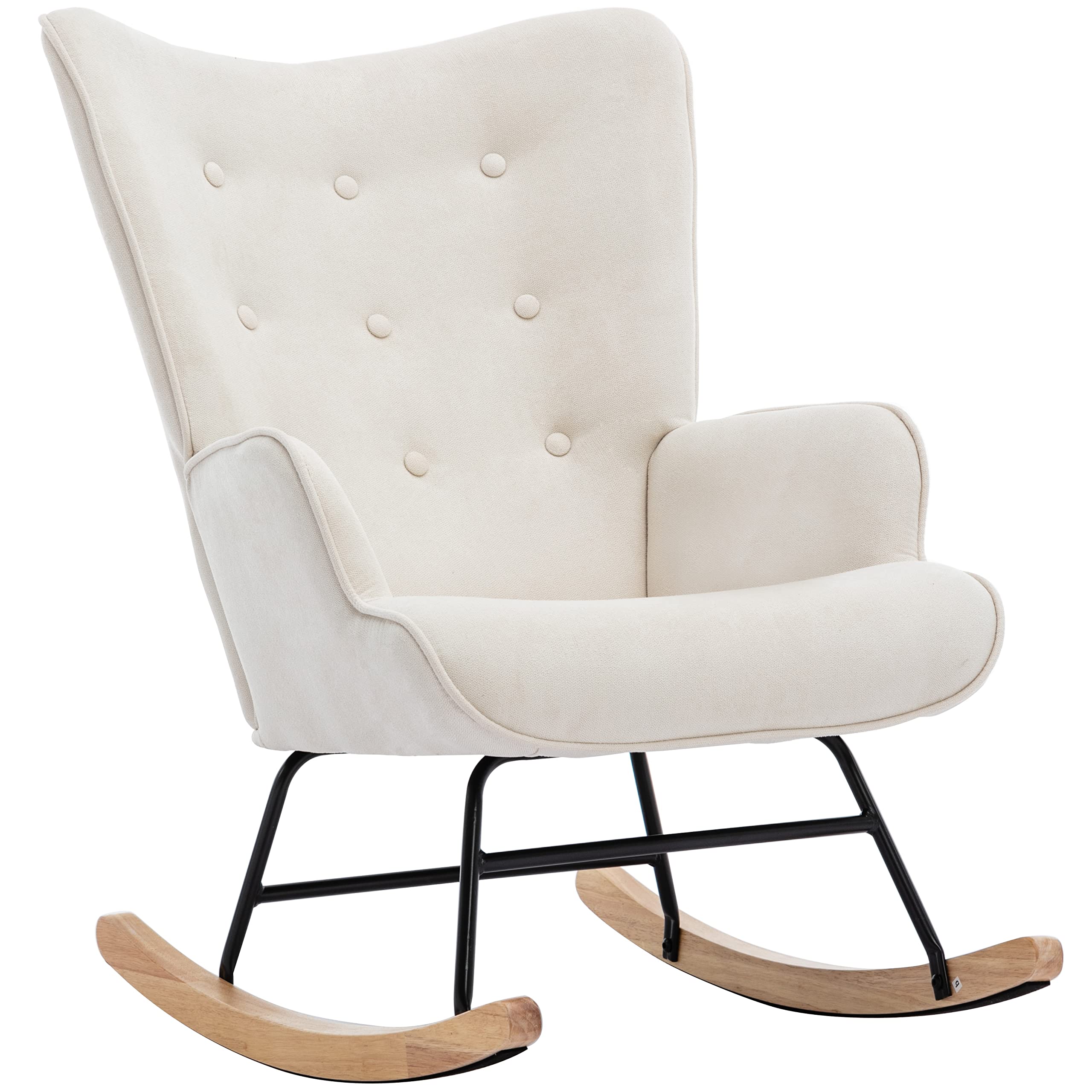 Accent Rocking Chair with Ottoman, Modern Tufted Button Wingback Glider Rocker Armchair with Solid Wood Legs, Beige