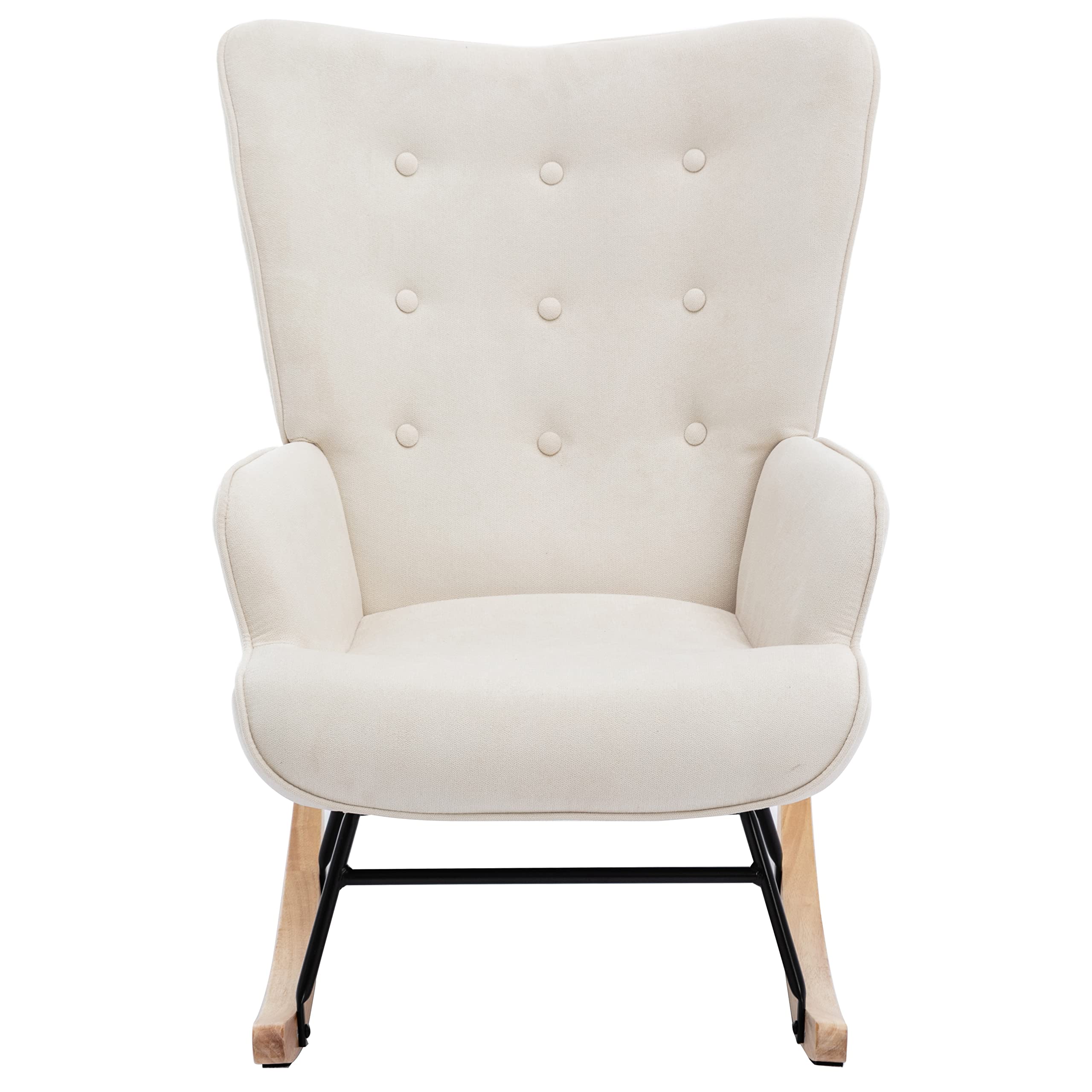Accent Rocking Chair with Ottoman, Modern Tufted Button Wingback Glider Rocker Armchair with Solid Wood Legs, Beige
