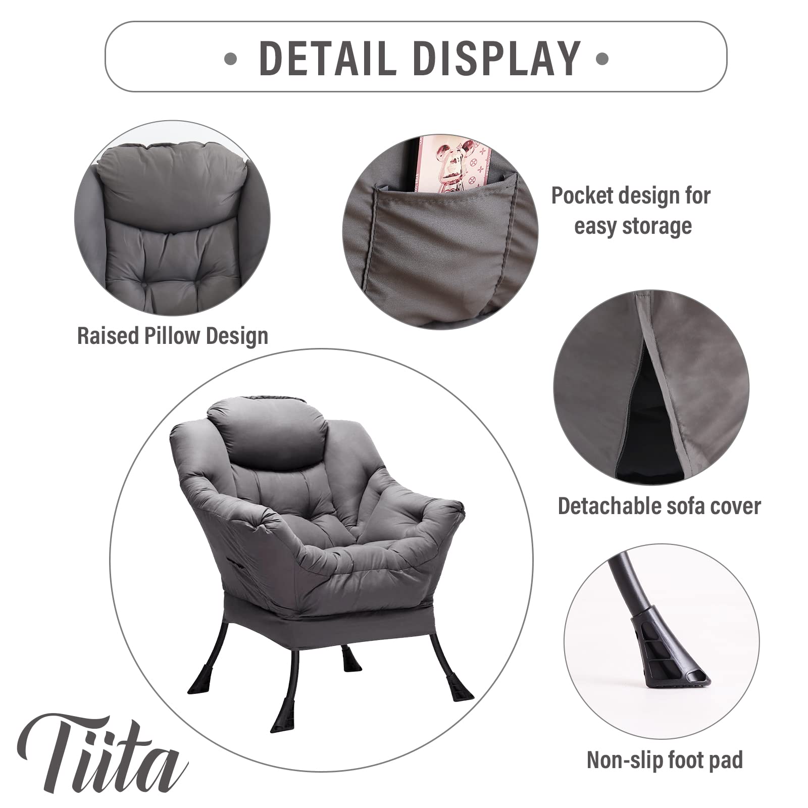 Tiita Lazy Chair with Ottoman, Modern Large Accent Lounge Chair, Leisure Sofa Armchair with Ottoman, Reading Chair with Footrest for Bedroom, Living Room, Dorm Rooms, Garden and Courtyard