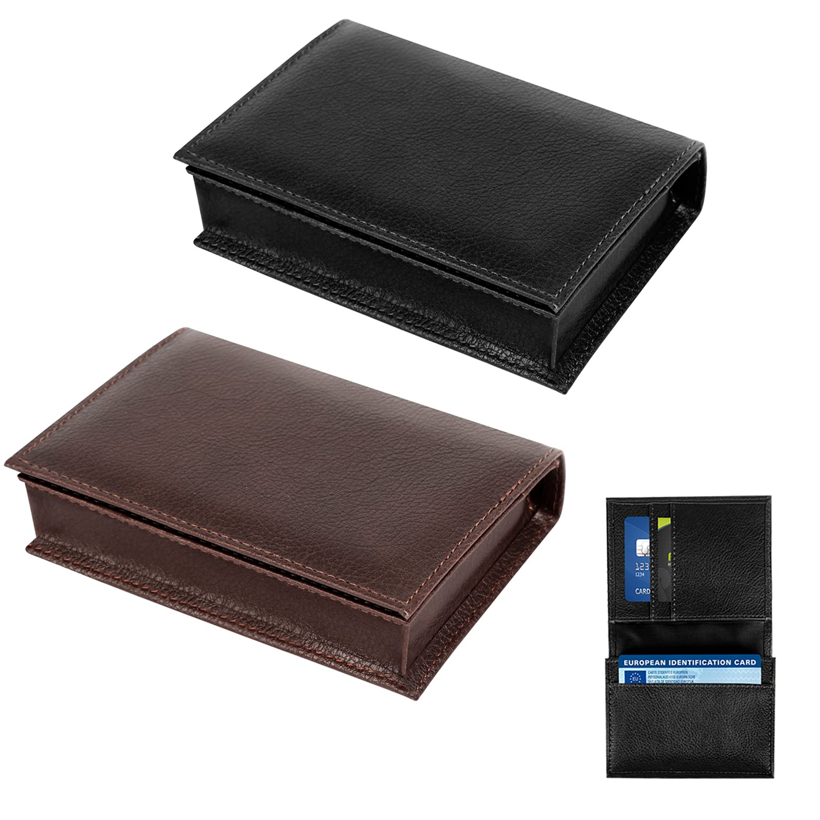 Olanpei 2 Pack Leather Business Card Holder for Men Women, Large Space for 40 Business Cards Wallet Credit Card Holder （Black/Brown）