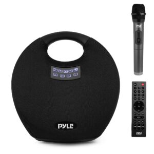 pyle wireless portable bluetooth speaker, with built in rechargeable battery, wireless microphone, clear surround sound, mini ipx4 waterproof speaker for indoor and outdoor activities.