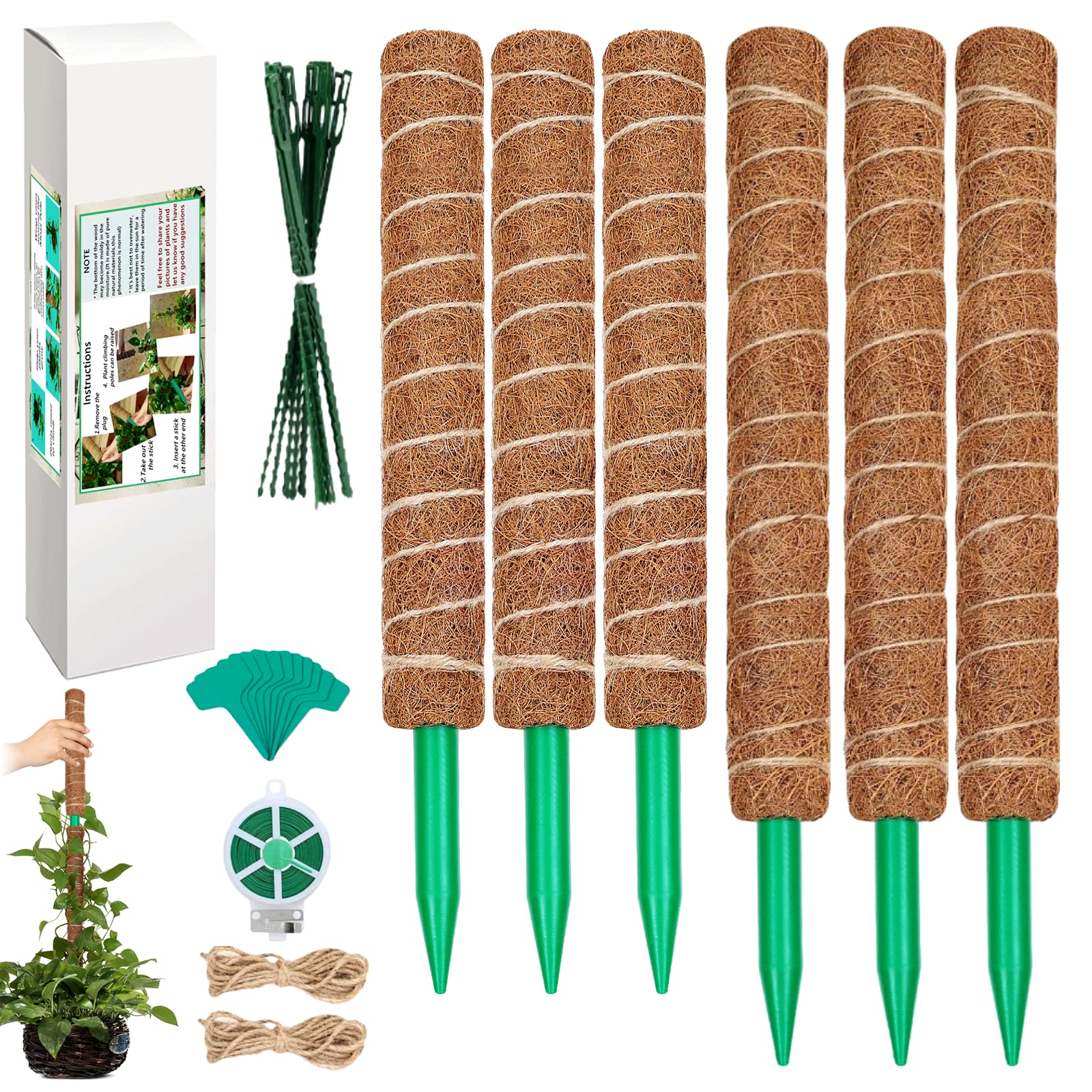 Moss Pole for Plants Monstera 111 Inch, 3 Pcs 20.5 Inch and 3 Pcs 16.5 Inch Moss Poles for Climbing Plants, Coco Coir Pole Plant Support Stakes for Indoor Climbing Plants Grow Upwards, Garden Ties Kit