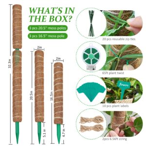 Moss Pole for Plants Monstera 111 Inch, 3 Pcs 20.5 Inch and 3 Pcs 16.5 Inch Moss Poles for Climbing Plants, Coco Coir Pole Plant Support Stakes for Indoor Climbing Plants Grow Upwards, Garden Ties Kit