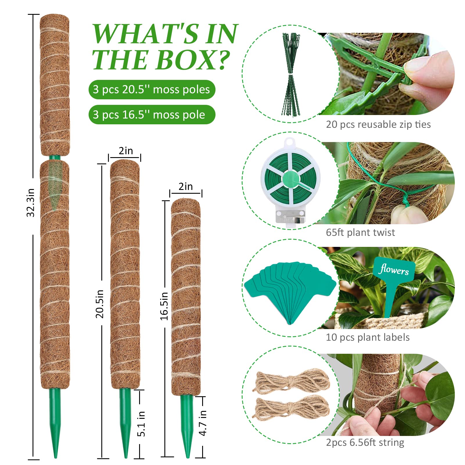 Moss Pole for Plants Monstera 111 Inch, 3 Pcs 20.5 Inch and 3 Pcs 16.5 Inch Moss Poles for Climbing Plants, Coco Coir Pole Plant Support Stakes for Indoor Climbing Plants Grow Upwards, Garden Ties Kit