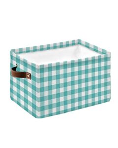 turquoise checkered storage basket waterproof cube storage bin organizer with handles, farmhouse teal buffalo plaid collapsible storage cubes bins for clothes books toys 15"x11"x9.5"