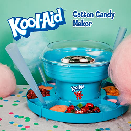 Nostalgia Kool-Aid Countertop Cotton Candy Maker with Lazy Susan Includes 2 Reusable Cones, Sugar Scoop, Extractor Head Works With Any Hard Candies or Flossing Sugar (Blue)