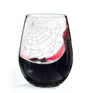 spiderwebs engraved 17oz stemless wine glass | great halloween scary spooky creature gift idea!